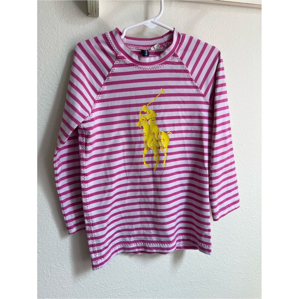 Ralph Lauren Hot Pink & White Striped Polo Pony Long Sleeve Top